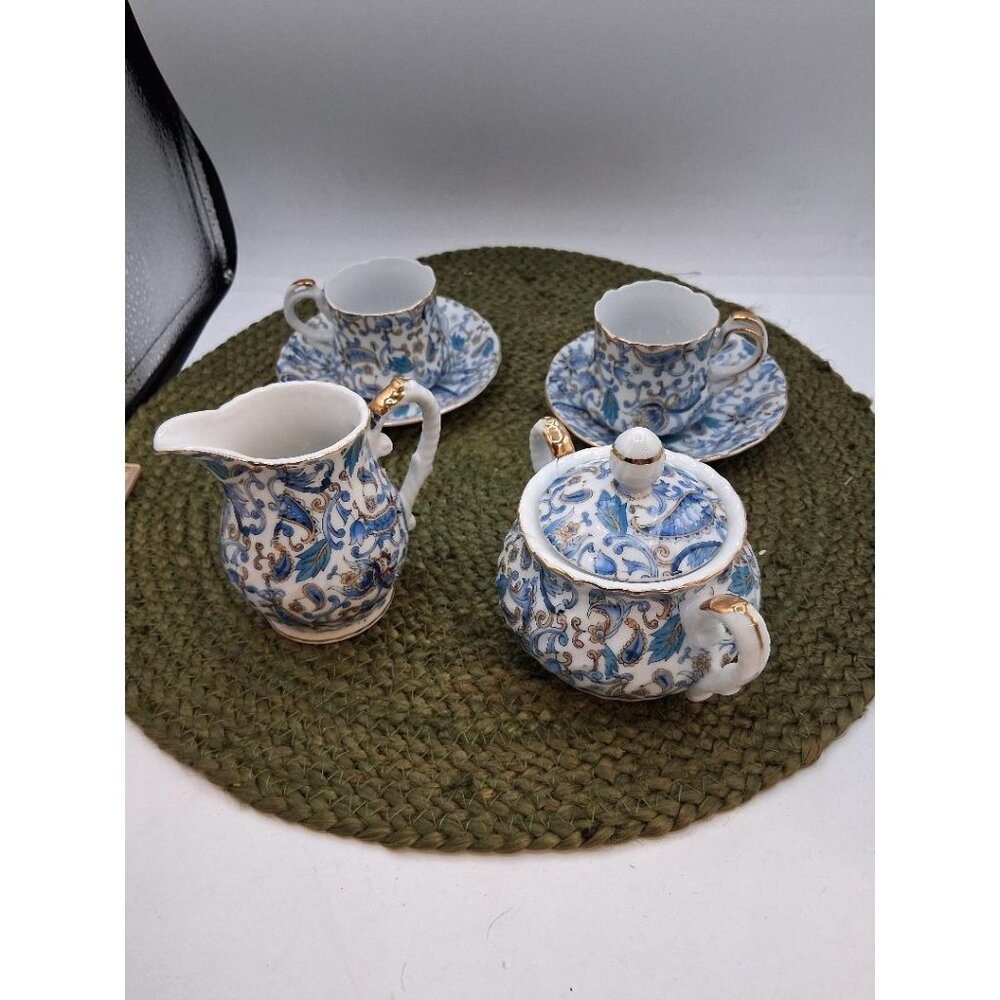 Vintage Lefton China Hand Painted Blue &Gold Floral Tea Set W/Sugar Bowl Cre